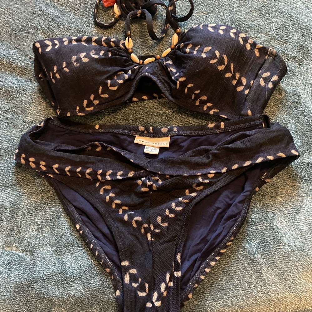 Robin Piccone Navy Blue Bikini with Cream Leaf Print (SMALL) - EUC